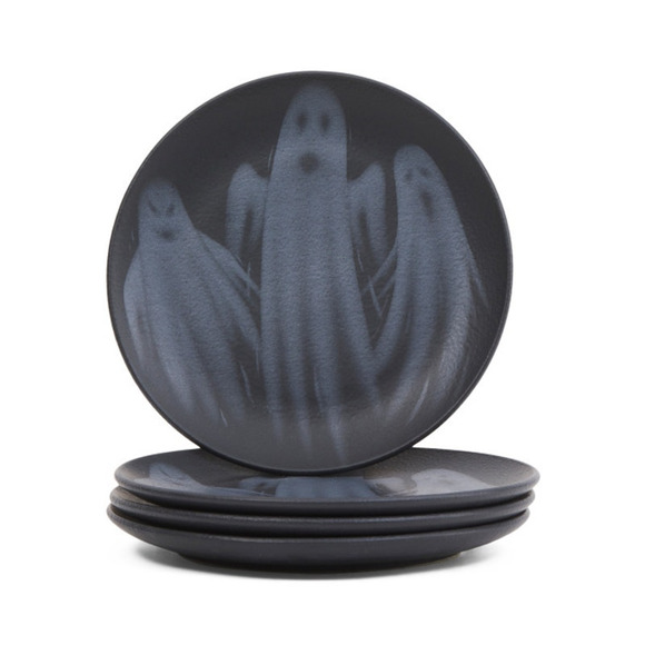 Halloween Ghost Dinner Plates 10.5in Matte Black Set of 4 Made in Brazil New - Picture 14 of 14